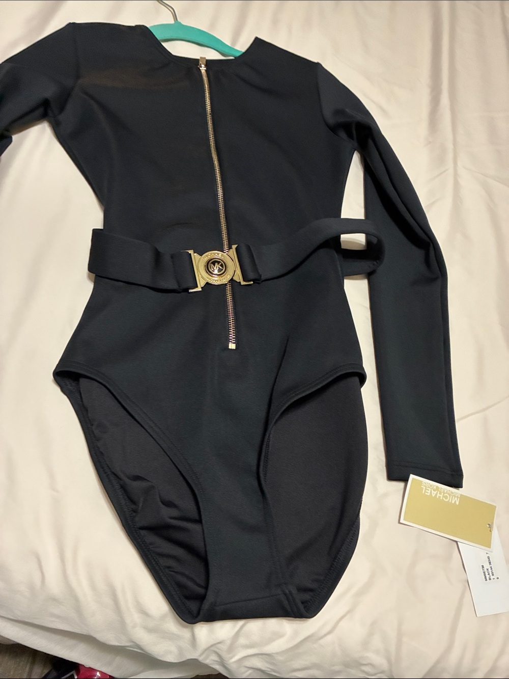 Michael Kors Black Long-Sleeve One-Piece with Gold Logo Belt